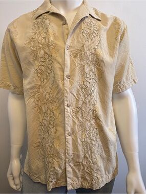 Tommy Bahama Embroidered 100% Silk Camp Shirt Cream, men’s Sz M.